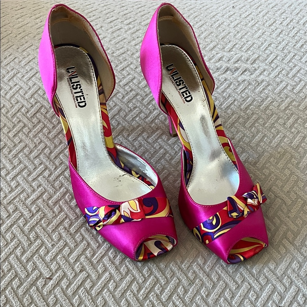 Unlisted Fuchsia Peep-Toe Heels with Patterned Bow